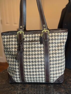 Coach Hamptons Tweed Tote with Dark Brown Leather and Suede Accents